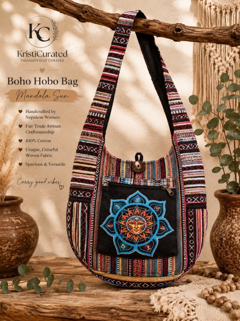 Rising International Large Mandala Sun Boho Hobo Bag Handcrafted Nepal NWT